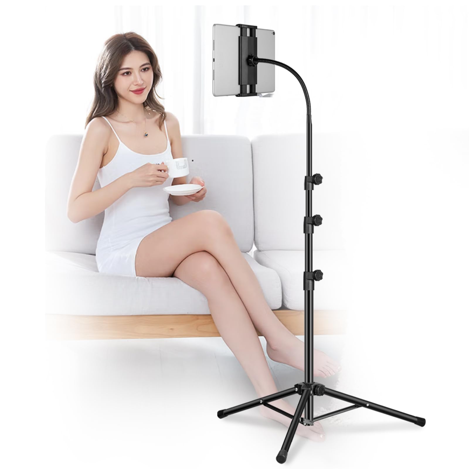 Ipad Tripod Stand Gooseneck 65 Height Adjustable Floor Stand with 360 Rotating iPad Tripod Mount for iPhone iPad