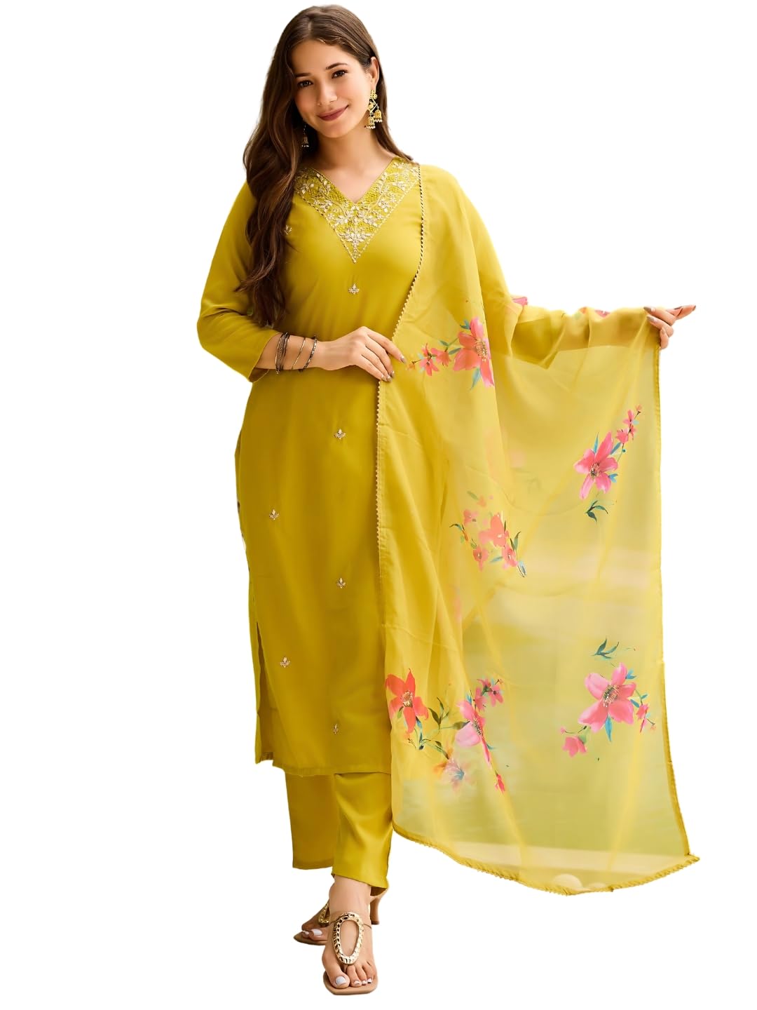 Women's Printed Cotton Straight Kurta with Palazzos and Dupatta
