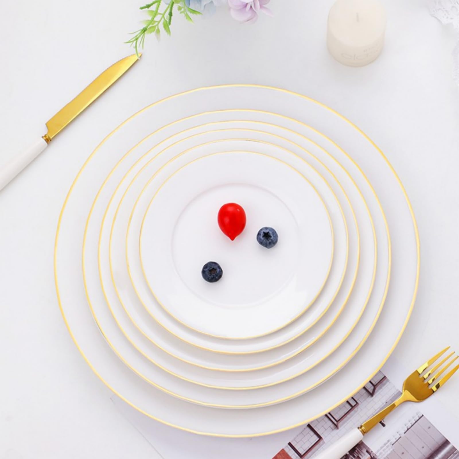 Piatti piani in ceramica con bordo dorato, 22,9 cm, dipinti a mano, sottili piatti piani in porcellana con bordo dorato, 2 piatti rotondi impilabili per bistecche, insalate, dessert, ristoranti per