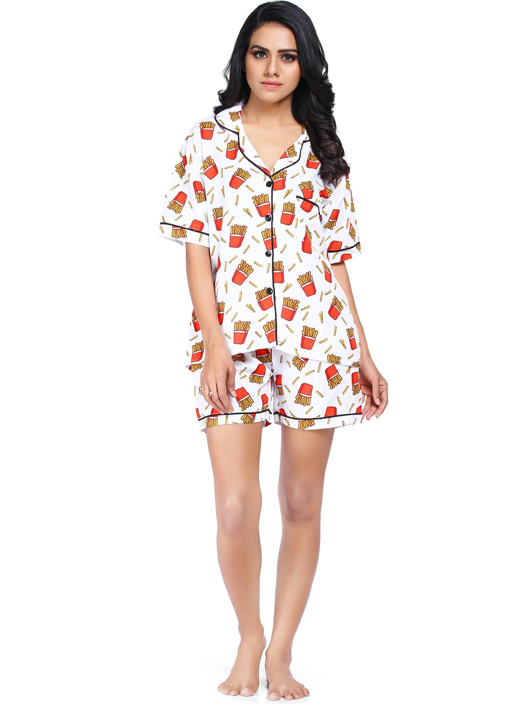 sxv style Women's Cotton Pajama Set, French Fries Print Short Sleeve Top with Shorts, Button-Down Front, White-picture-38