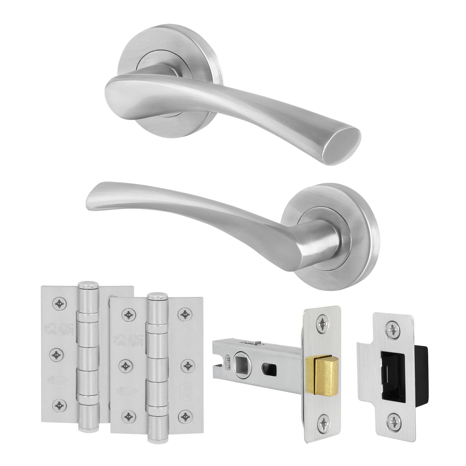 Eai Satin Door Handle Latch Set, 1 Pair Of Internal On Rose Nickel Handles, Latch (64Mm) Hinges (76Mm) - Novoli