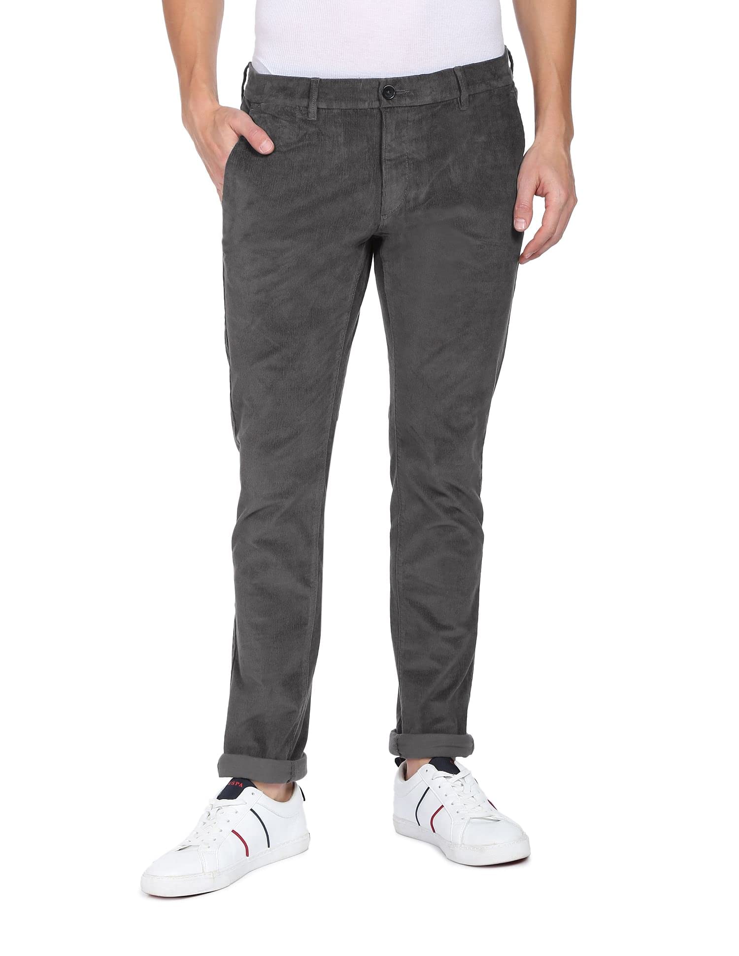 u.s. polo assn. Men Dark Grey Corduroy Weave Denver Slim Fit Casual Trousers-picture-25