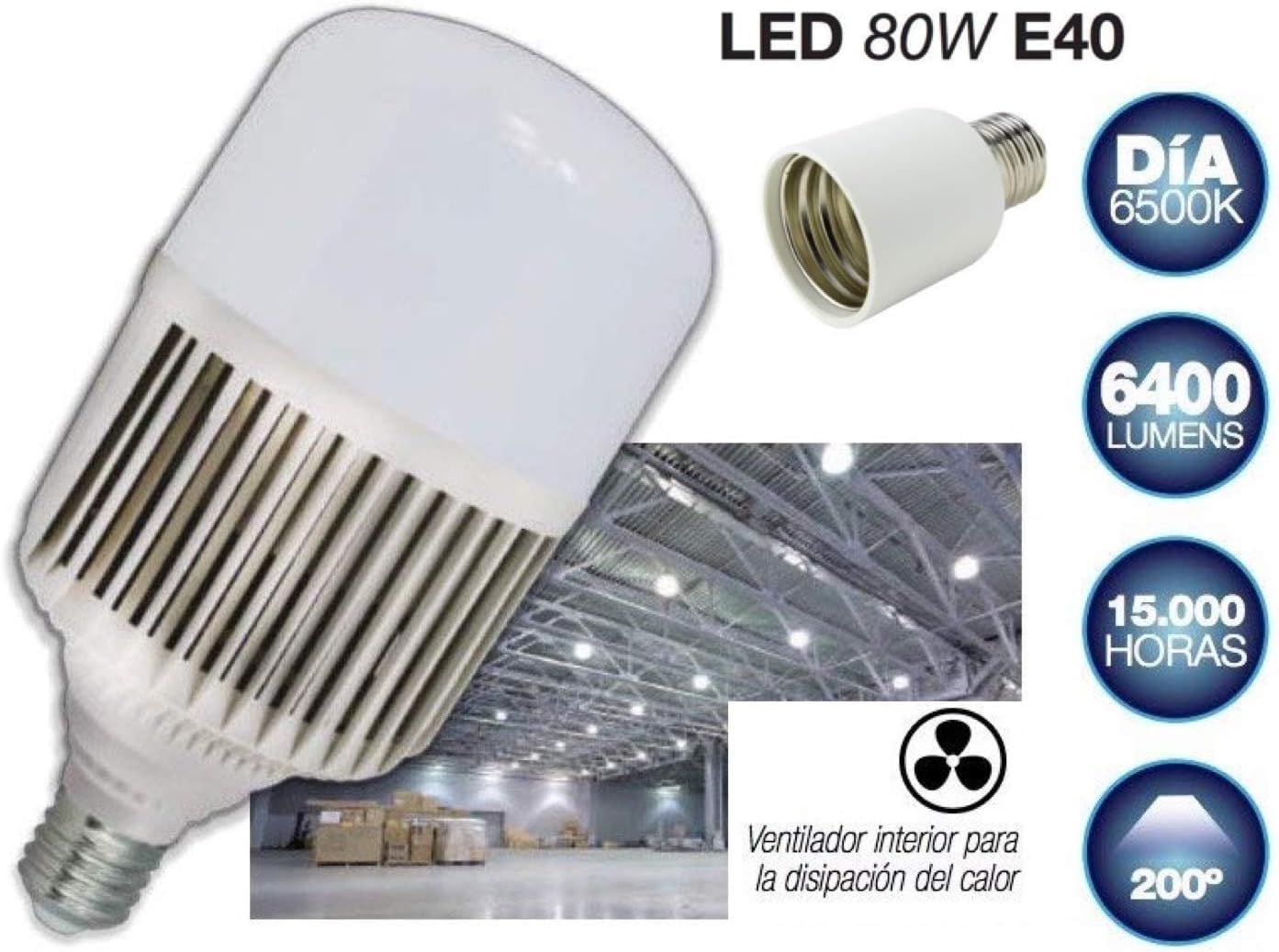Bombilla LED de 80W con Adaptador Rosca E40 a E27