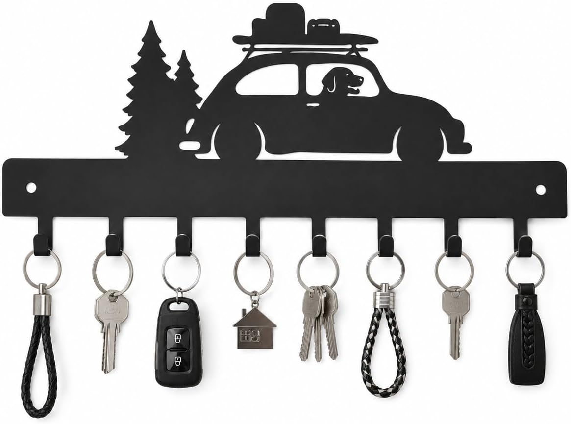 RV Decor Key Holder for Wall, Camper Key Rack with 8 Hooks, Black
