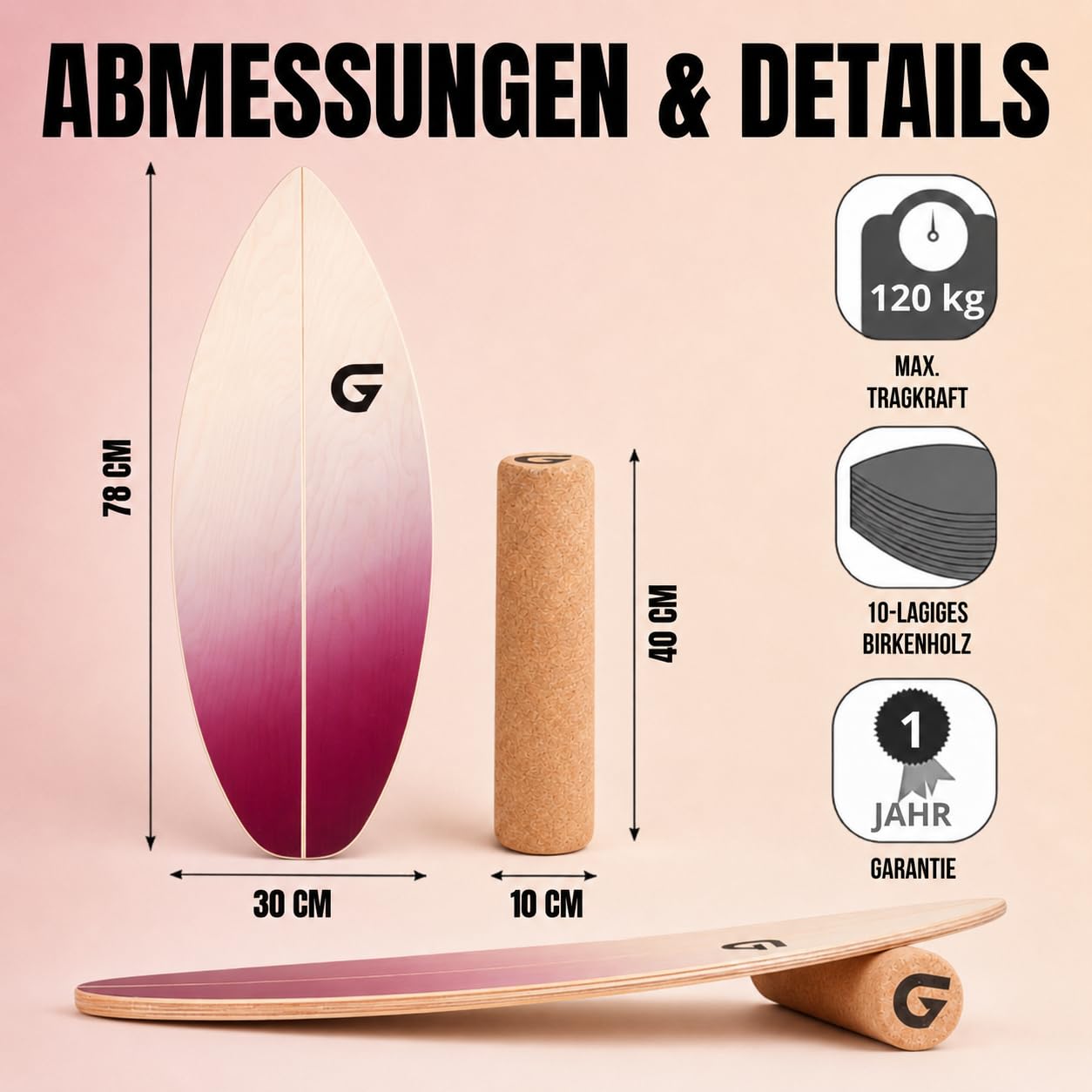 Glory Boards® Balance Board – Handmade - 100% Birkenholz - Inklusive Korkrolle - Optimal für Gleichgewichts- & Krafttraining, Für Einsteiger & Fortgeschrittene, Indoor & Outdoor