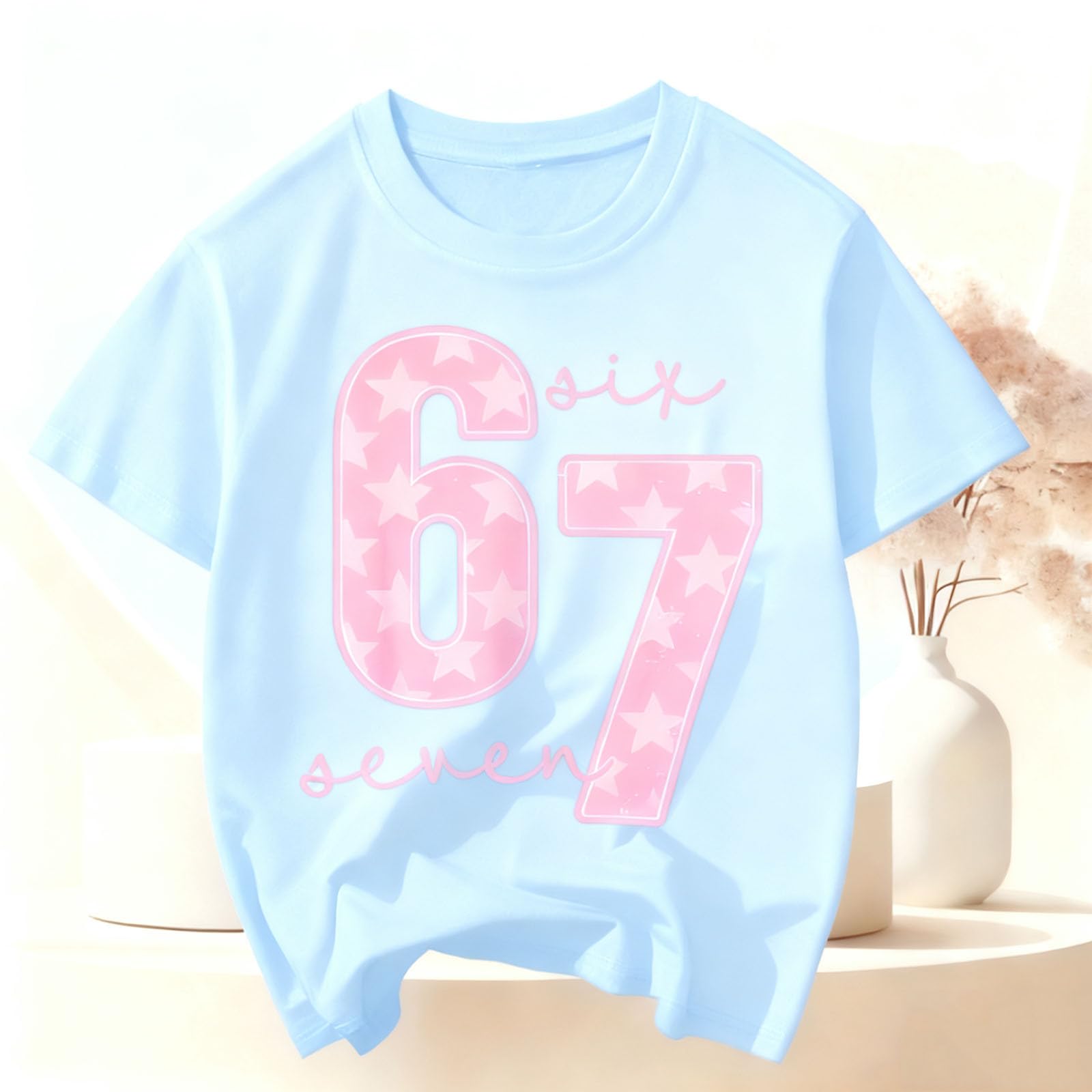 Camiseta de manga corta para niñas Six Seven para niños, estilo informal, con 67 letras, cuello redondo, holgada, para festivales de Navidad