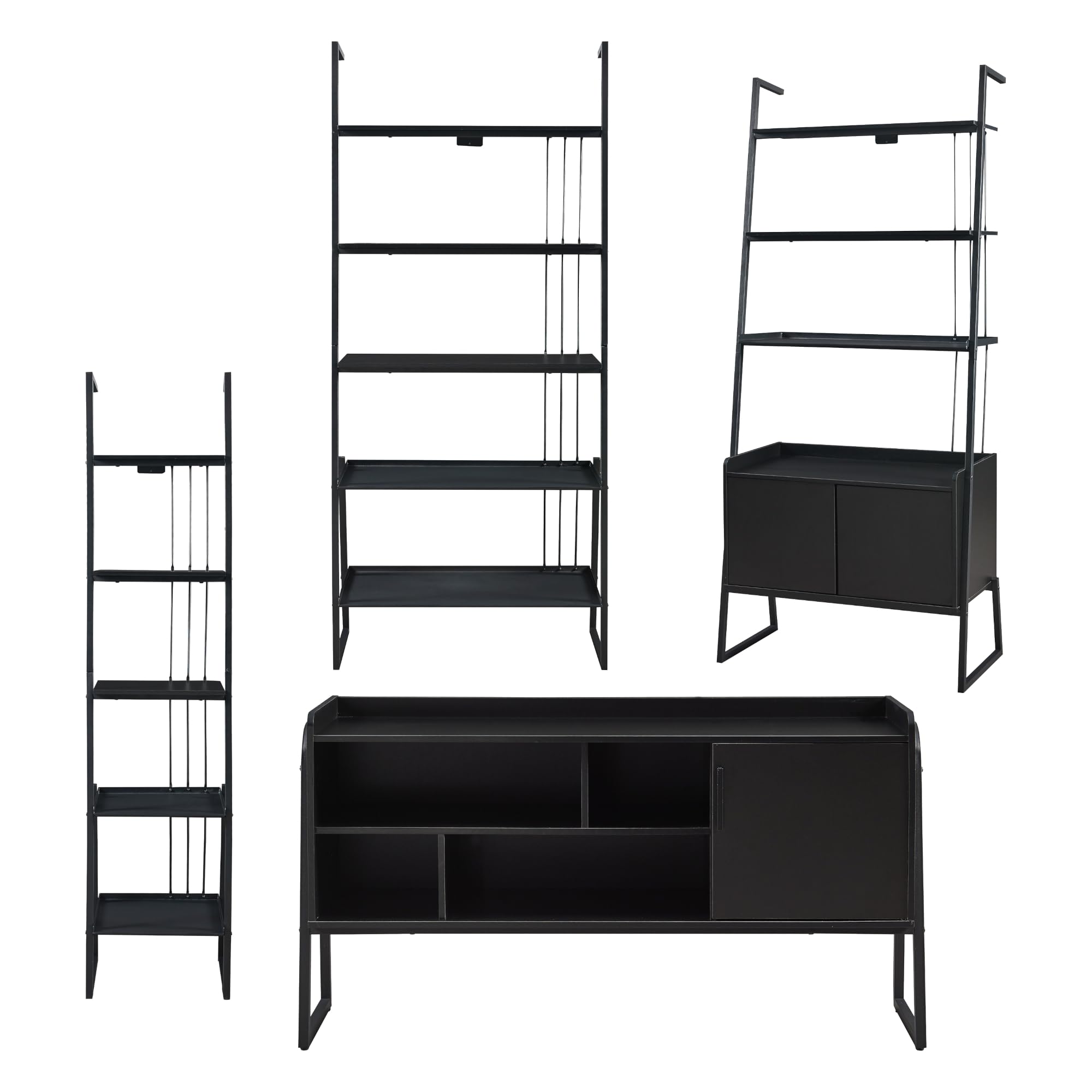 [en.casa] Set di 4 Mobili per Soggiorno Ufficio Composto di Mobile TV 3 Scaffali a Scala Mobili in Stile Industriale - Nero