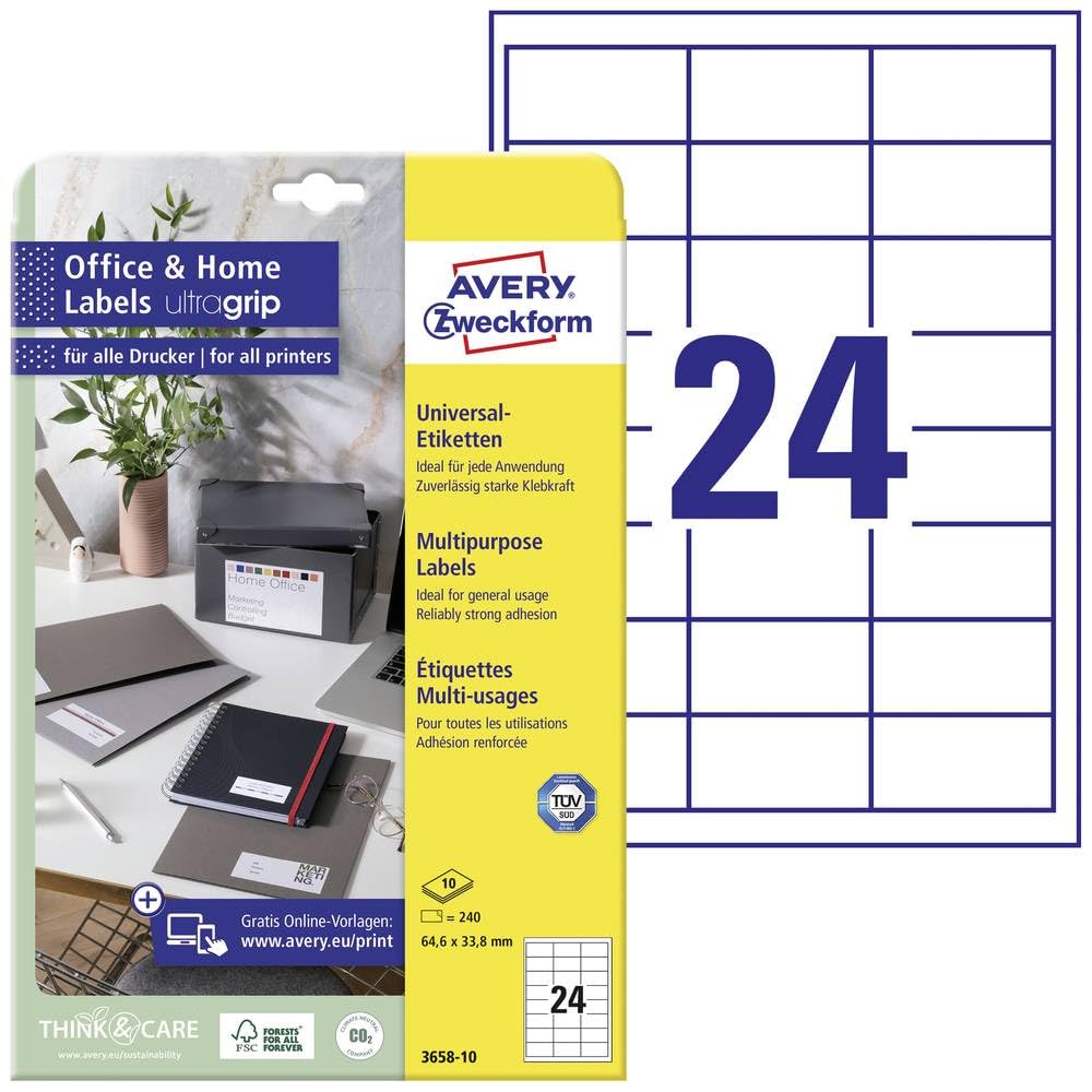 Avery Zweckform 6172 A4 Paper Matt Address Labels – 64.6 x 33.8 mm White 240 Labels 10 Blatt