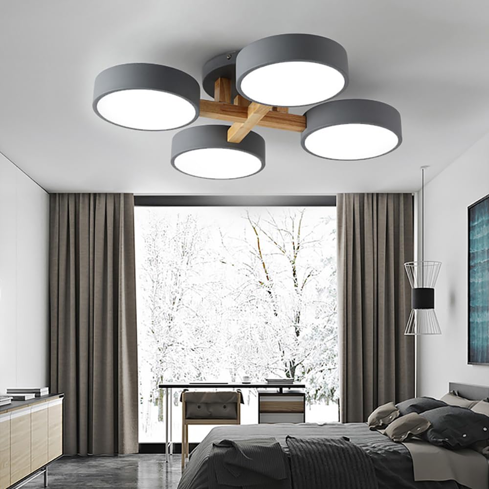 Lampa sufitowa LED, 4 światła, 61 cm, nowoczesna, podtynkowa, drewniana, 44 W, do salonu, sypialni, kuchni, kuchni, ściemniania, regulowana temperatura barwowa, szara