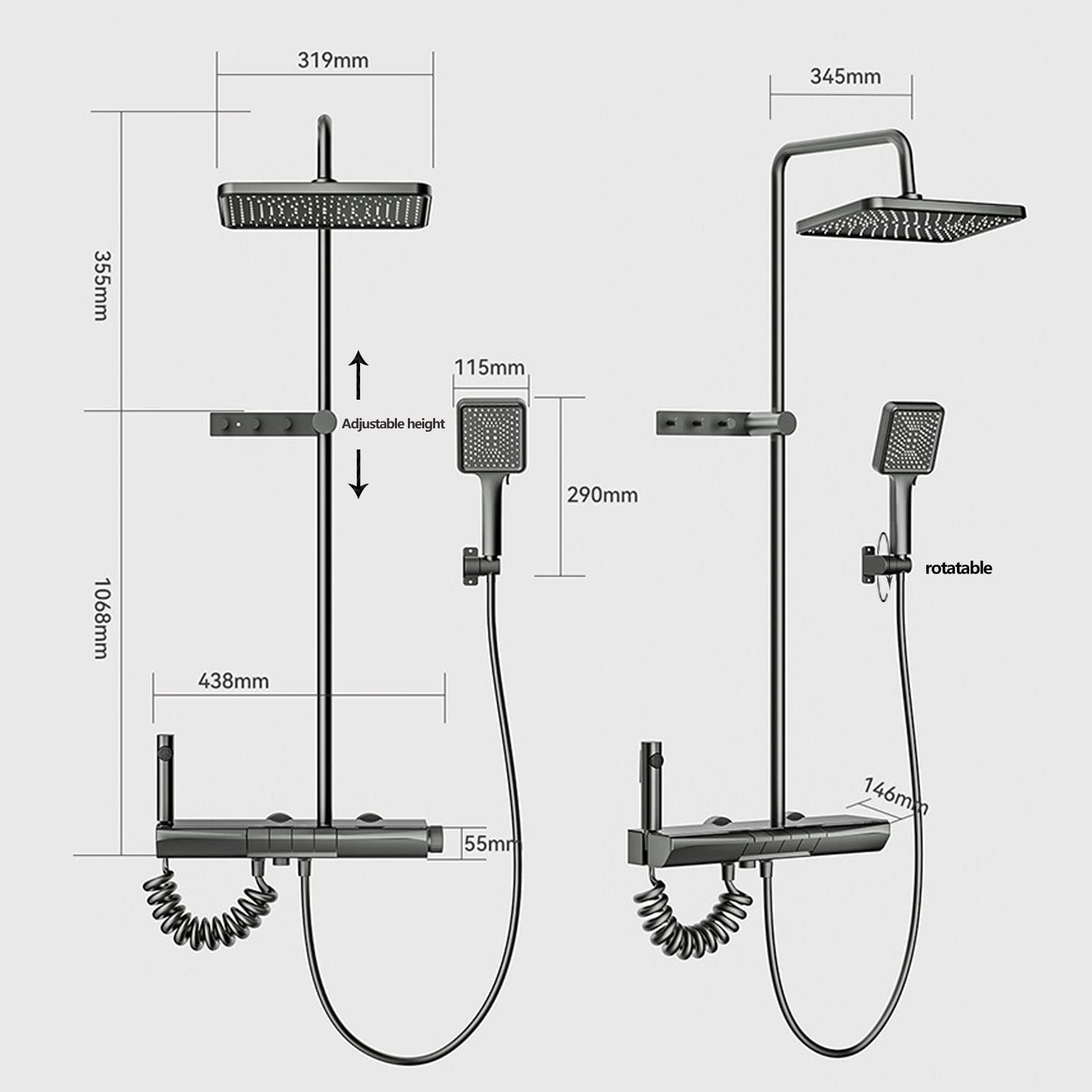 Set Rubinetto Doccia a Vista, Doccia a 4 funzioni con doccetta, Bidet, Ganci per Asciugamani, Rubinetto Doccia Vasca Tasti Pianoforte, Miscelatore Doccia Grigio Pistola