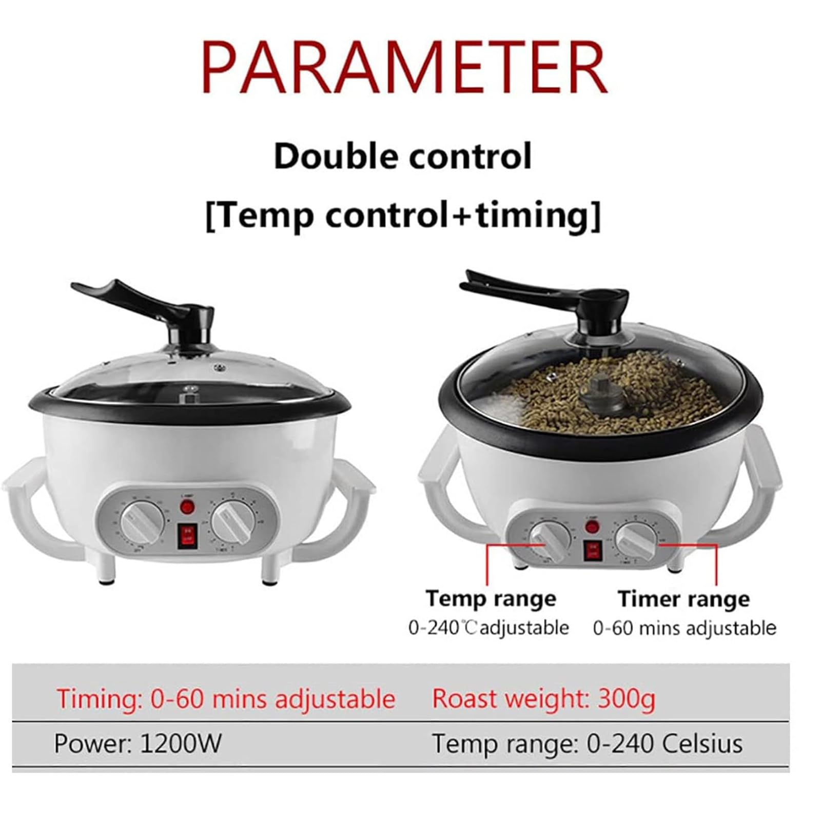 Maszyna do prażenia ziarna o mocy 1200 W, regulowana temperatura, timer, maszyna do pieczenia ziaren kawy do użytku komercyjnego i domowego, różnorodne wypieki żywności,