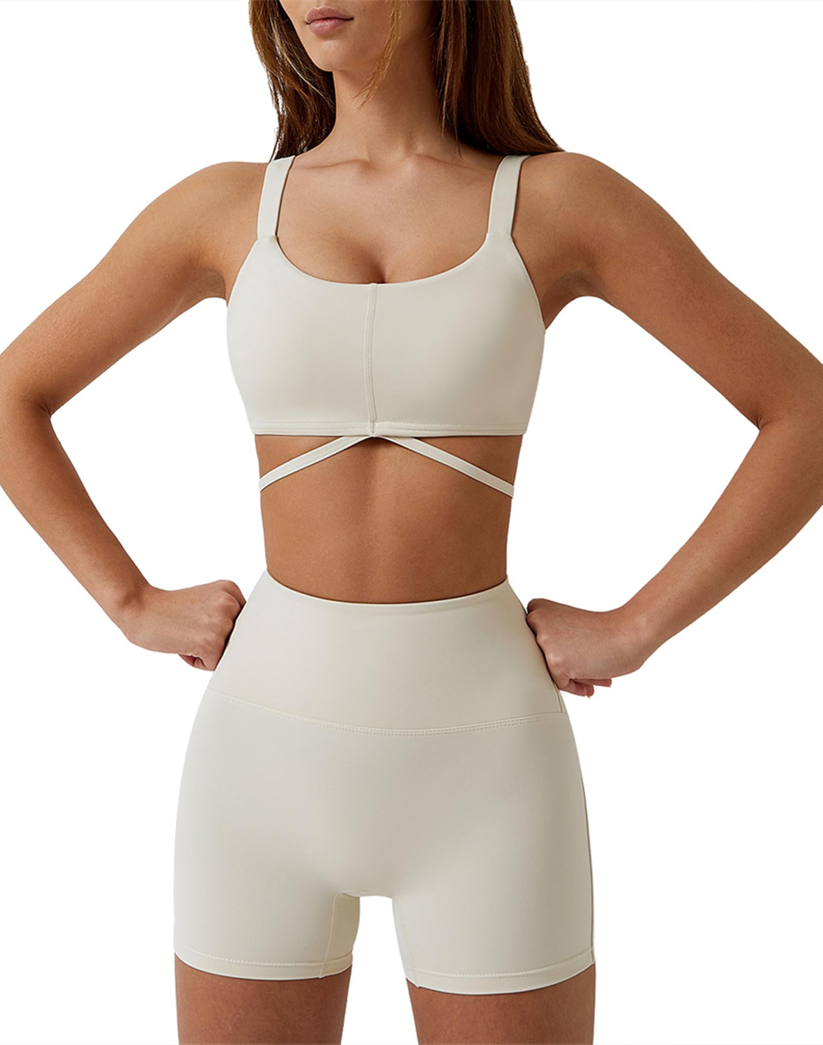 ABOCIW Workout Sets for Women 2 Piece Twist Front Halter Sports Bras High Waist Biker Shorts Exercise Gym Yoga Outfit