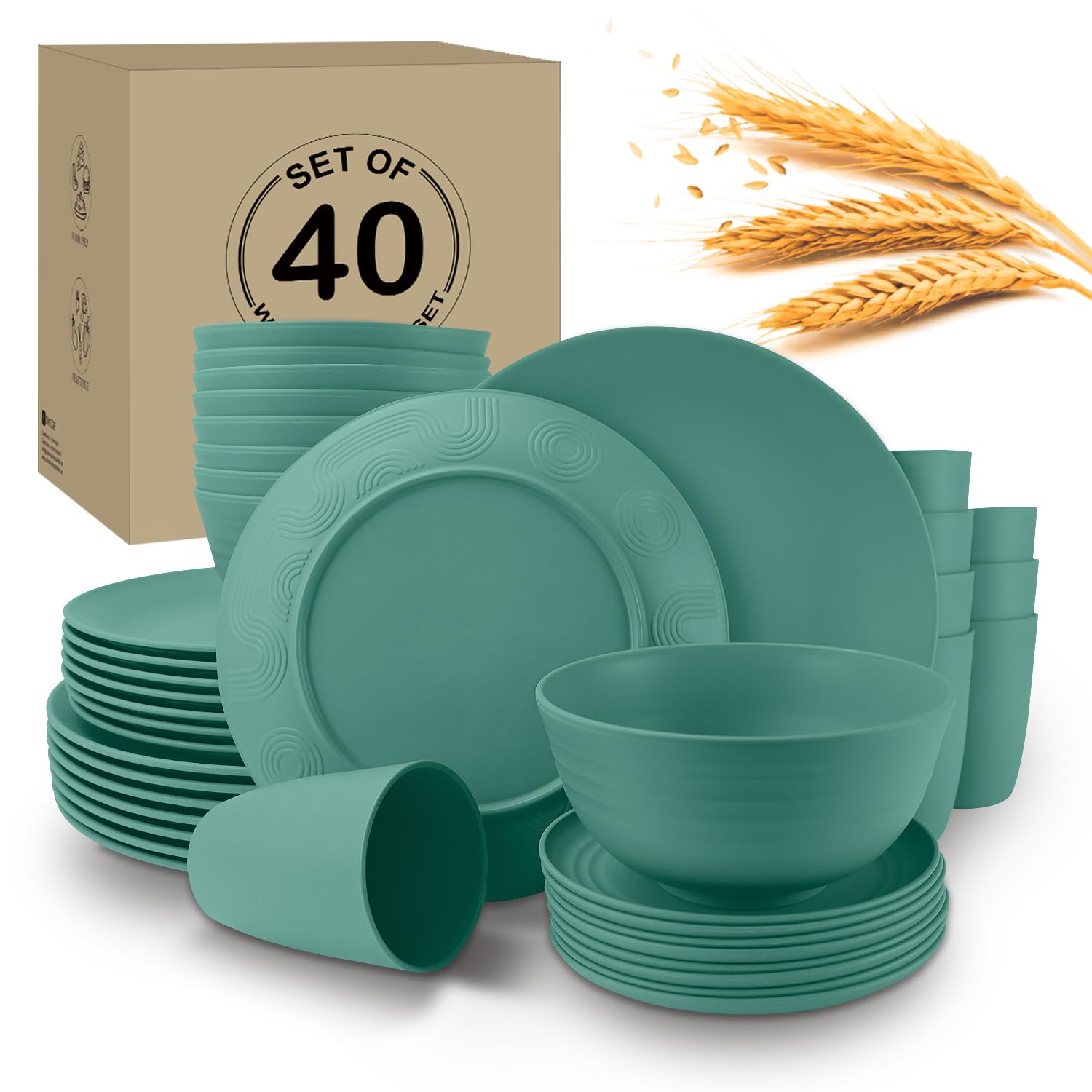 Wrova 40Pack plates and bowls sets for kids - Unbreakable wheat straw dinnerware sets service for 8 - Alternative plastic 40pcs dish sets for kitchen,