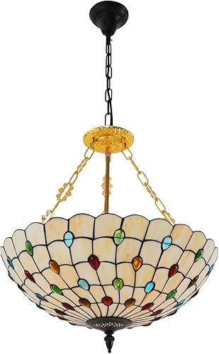 Lámpara de techo Tiffany de 20 pulgadas, estilo vintage, con 5 luces, color verde pavo real, montaje semiempotrado, cerca del techo, para sala de