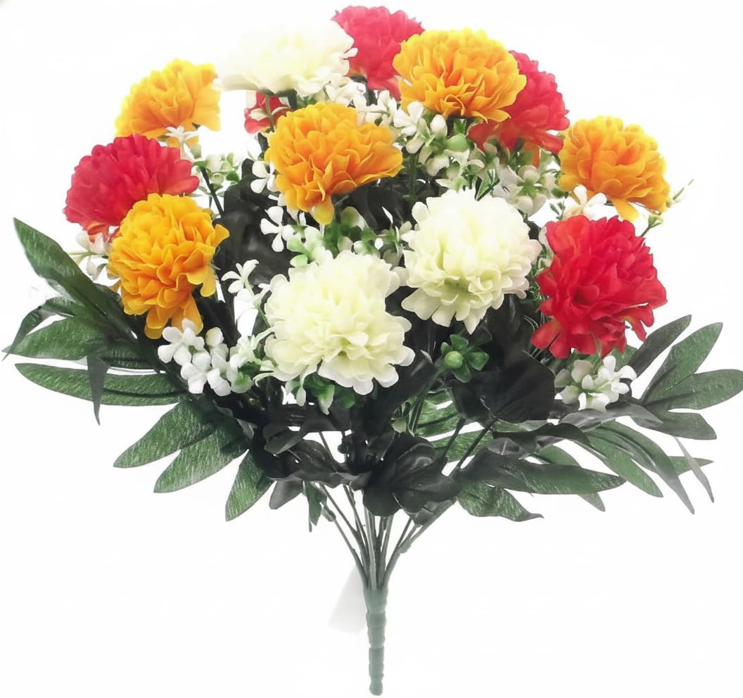 A1-Homes 36cm Artificial Silk Spiky Chrysanthemum/Mum Bush - 14 Flower Heads (1, Orange/Yellow & Cream)