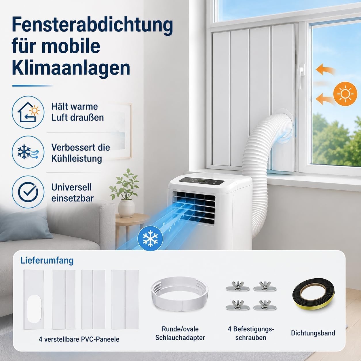 Universelle Klimaanlage Fensterabdichtung – Nahtloses Design für mobile Klimaanlagen, 4 Paneele (10x43 cm), verstellbar bis 140 cm, Abluftschlauch-Durchführung (Ein Satz)