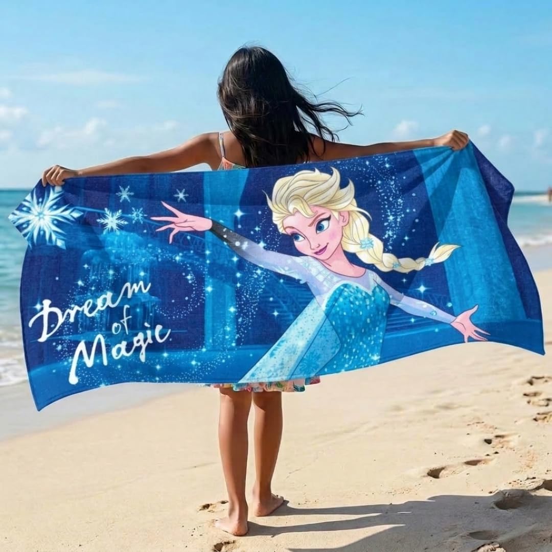 Athom Living Disney Frozen Elsa Kids Cotton Bath Towel – Soft, Super Absorbent, Vibrant Design, Perfect for Girls, Quick-Dry, Comfortable & Fun Bath Time Towel |350GSM, 60x120cm 1