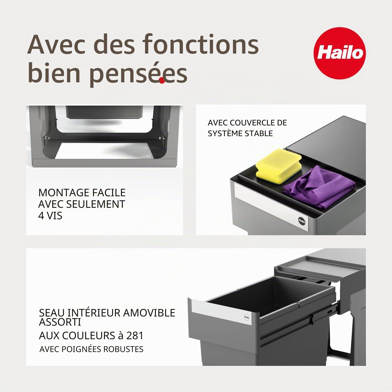 Hailo Poubelle 3666911 - Single Box 28 l - Pour armoires inférieures à partir de 40 cm - Extension télescopique à la main - Anthracite (1 x 28 l)