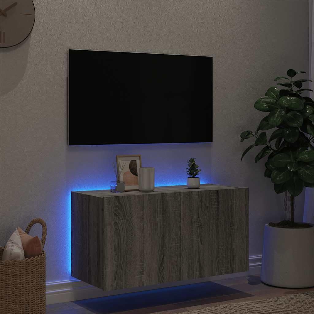 Led wandkast voor tv, grijs sonoma eiken, 80x35x41 cm, zwevend tv-meubel met rgb ledverlichting, wandmontage, opbergkast met deuren voor woonkamer slaapkamer