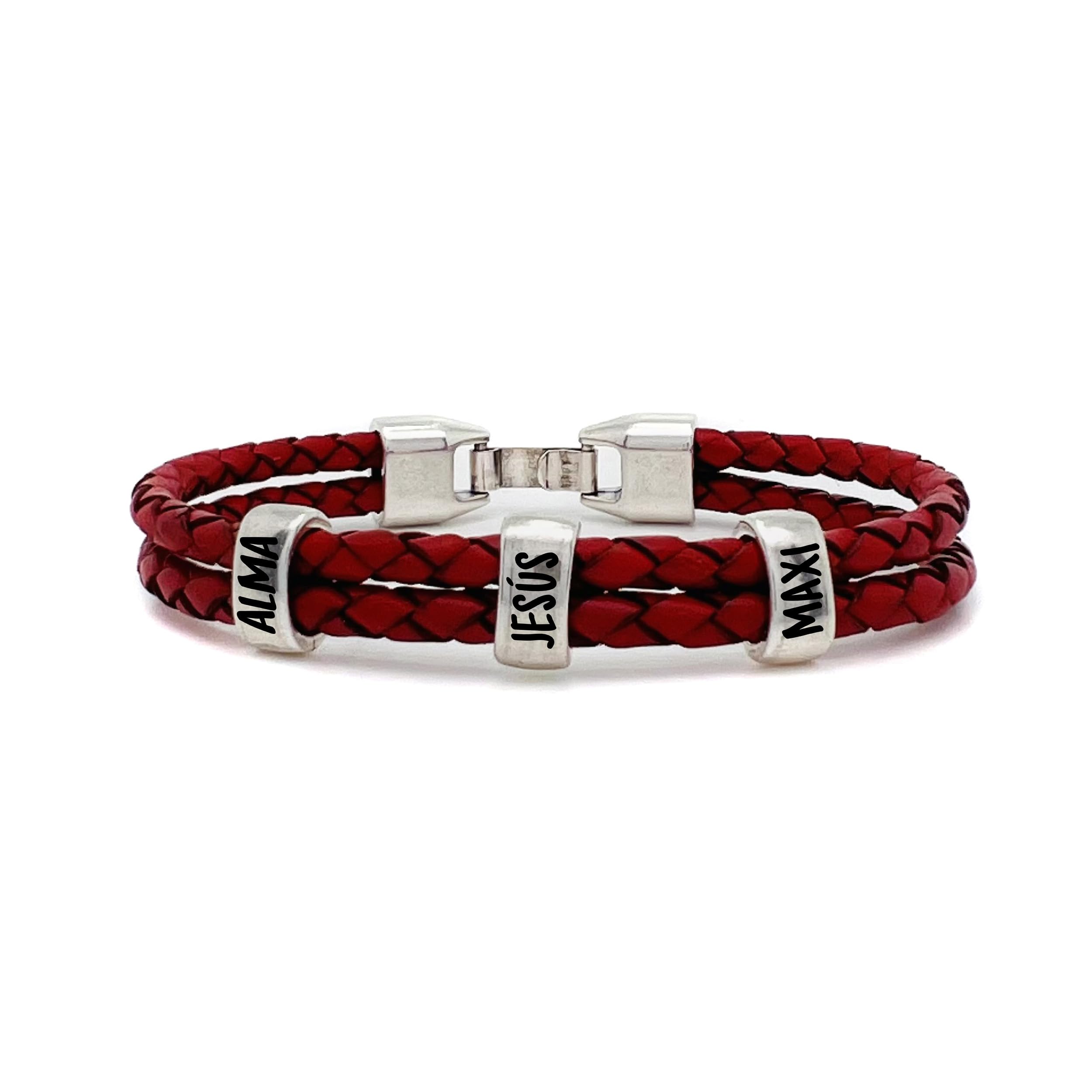 RINCON DEL ARTESANO HECHO A MANO MALAGARincón del Artesano Hecho a Mano Málaga. Pulsera Hombre con Nombres Personalizada en Zamak Baño Plata Y Cuero Español. Regalo Dia del Padre. Regalo Personalizado. (Trenzado doble Rojo)