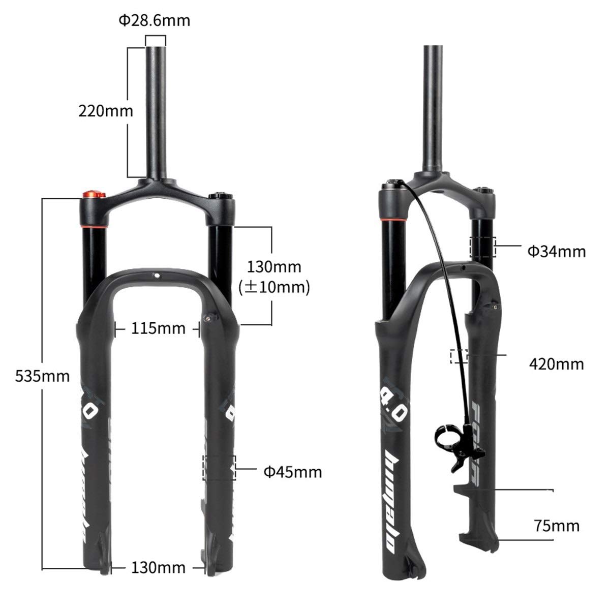 Fourche avant pour motoneige/VTT 26 x 4,0 Fourche à graisse 135 mm Voyage 100 mm 220 x 28,6 mm Verrouillage manuel à distance QR