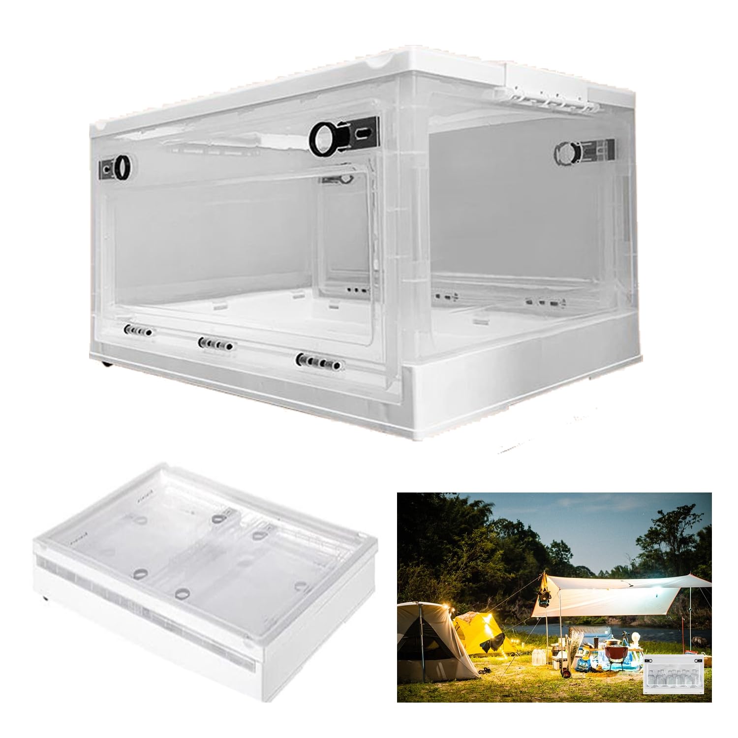 Hooha 56L Draußen Faltbare Aufbewahrungsbox Durchsichtig Stapelbare Aufbewahrung Box mit Decke&Rollen Transparent Organizer Storage Box für Outdoor-Snacks/Bücher/Werkzeuge Zusammengeklappte Höhe 7cm