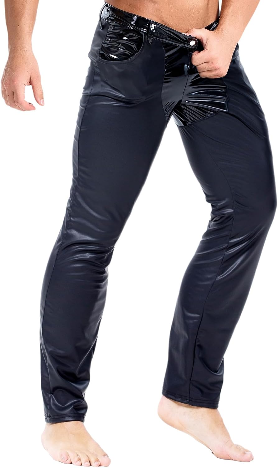Vxuxlje Mens Faux Leather Leggings Wet Look Patchwork Skinny Long Pants Trousers Clubwear