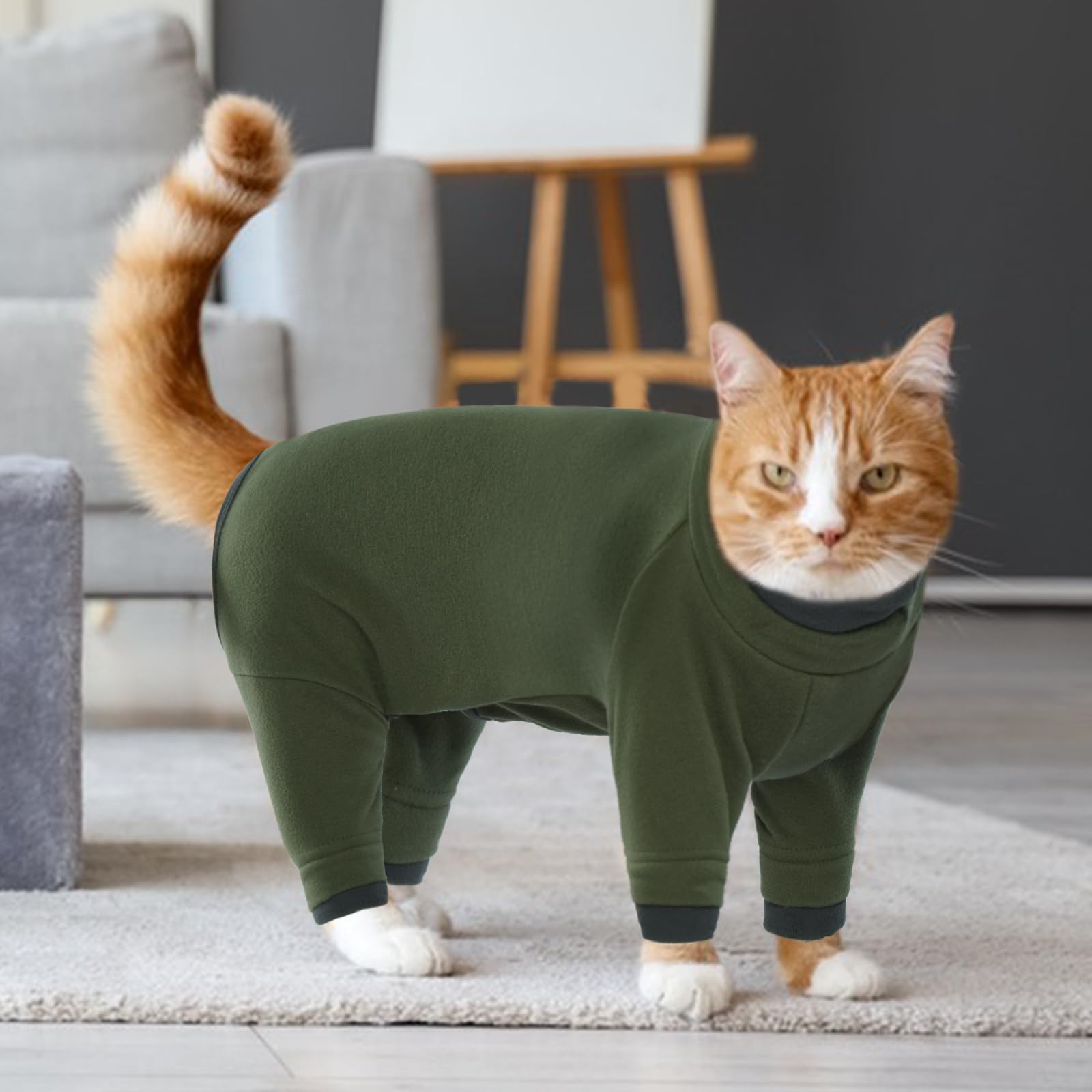 Chaleco Polar para Gatos, Chaqueta de Invierno Abrigo Otoño Invierno Caliente Pullover Suave Fleece Onesie Felpa para Gatos Body Postoperatorio(Verde Militar, M) — view 7