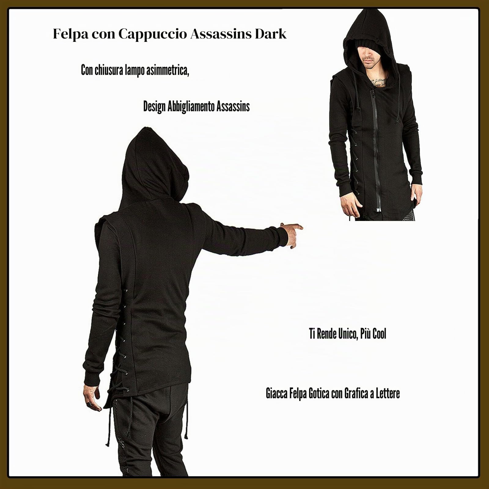 JMSUN Uomini Assassin Robe Felpe con cappuccio Gotico Asimmetrico Cerniera Laterale Lace Up Pile Giacca con Cappuccio