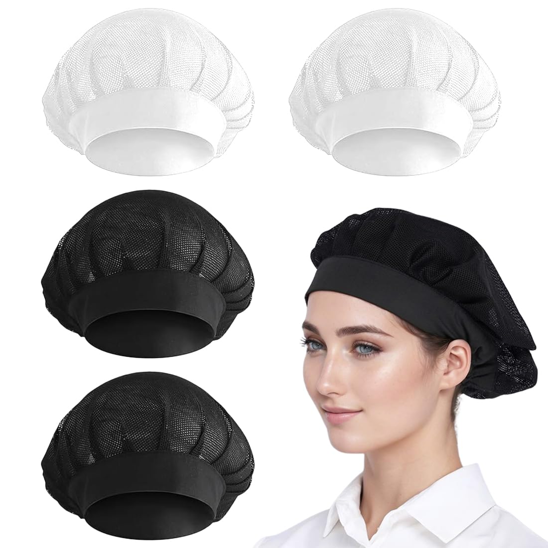 Cappello da Cuoco 4 PCS Cuffia Cucina Regolabile Retina per Capelli Riutilizzabile Berretto Ristorante Bianco e Nero