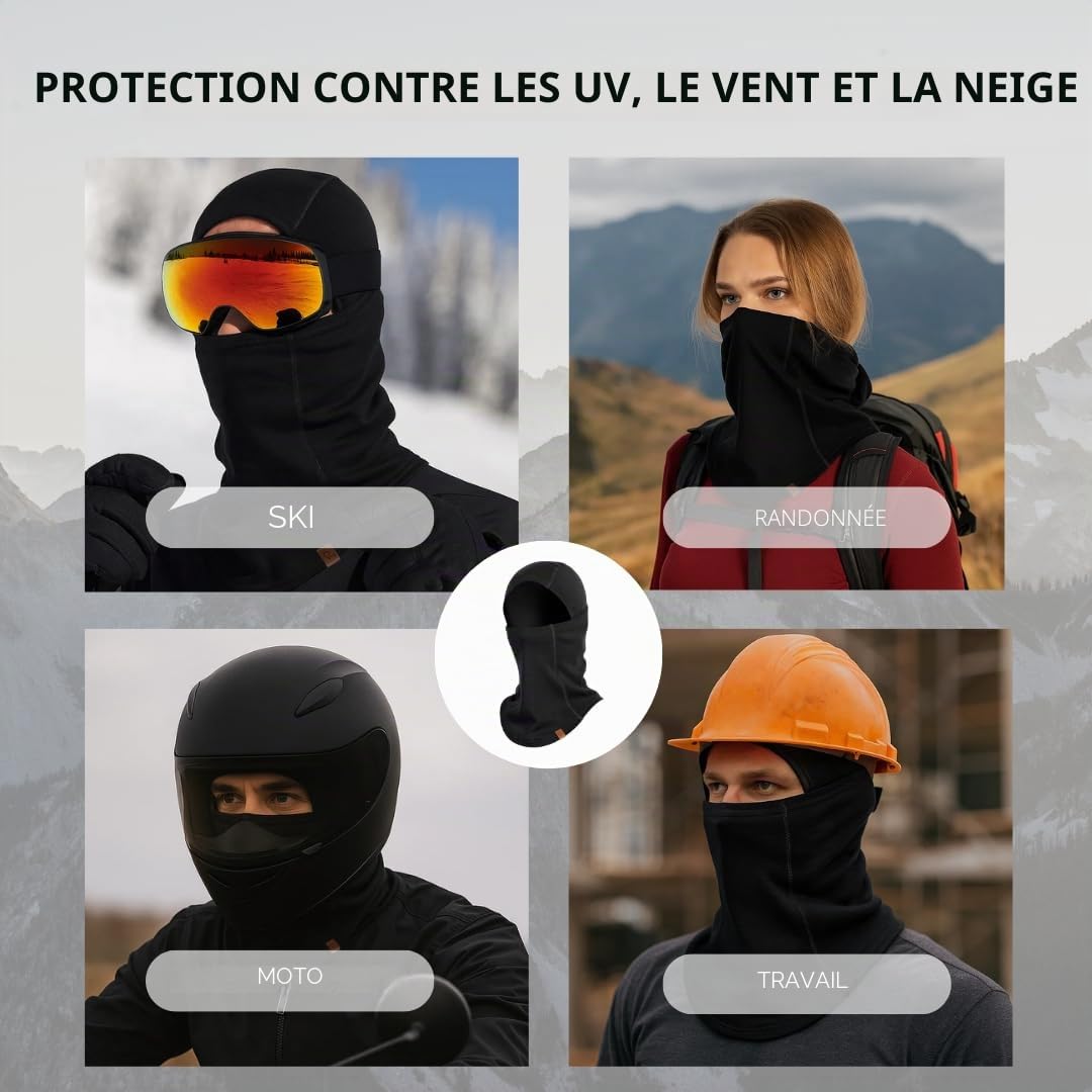 menique Cagoule 100 % mérinos pour homme - Double couche - Sans coutures - Masque de ski chaud et masque de moto - En laine - Accessoire de ski thermique pour le sport et l'extérieur - Protection UV