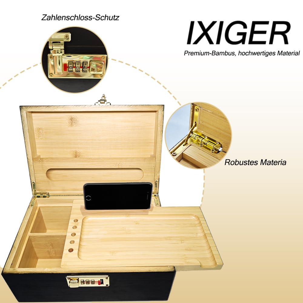 IXIGER Grande scatola di bambù con serratura a combinazione, set di contenitori (17,5 x 27 x 12 cm) (nero)