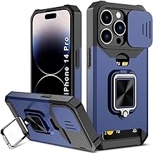 LuxuryKase Shockproof Armor Case for iPhone 14 Pro with Slide Camera Cover | Hidden Card Slot | Rotating Ring Kickstand | Magnetic Car Mount Support | Military Grade Protection – Blue