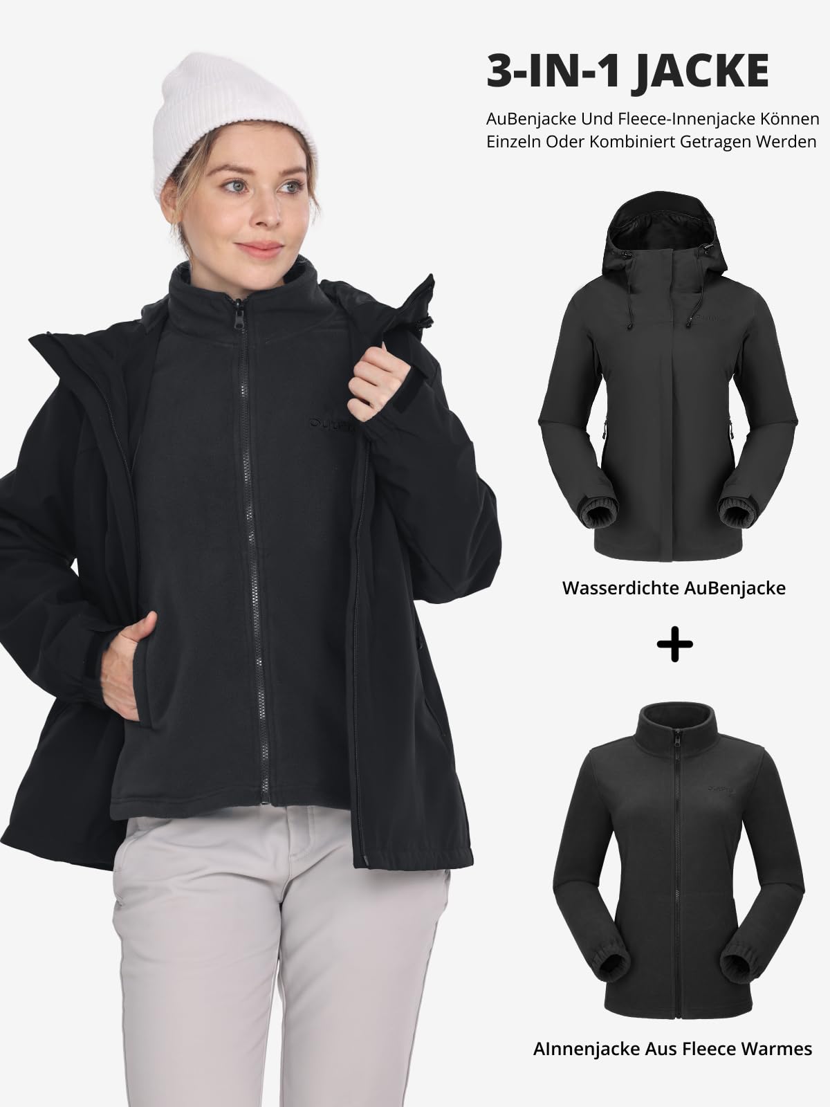 OutPro 3-in-1 Winterjacke Damen Wasserdicht Winddicht Skijacke Outdoor Wandern mit Fleece Gefüttert Doppellagige Abnehmbare Kapuzen-Funktionsjacke für Ski, Bergsteigen, Reisen
