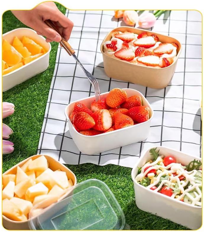 紙ボウル 使い捨てボウル【50個】 使い捨て弁当箱 クラフト紙ボウル 蓋付き使い捨て紙サラダボウル 使い捨てスープサービングボウル