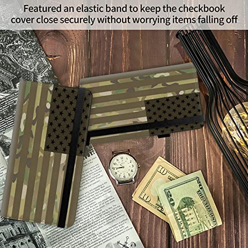 Image of FUYOCWE Leather Checkbook Covers for Men Women Check book Holder Cover Wallets for Personal Checkbook Duplicate Checks with RFID Blocking & Elastic Strap-USA Flag Camouflage