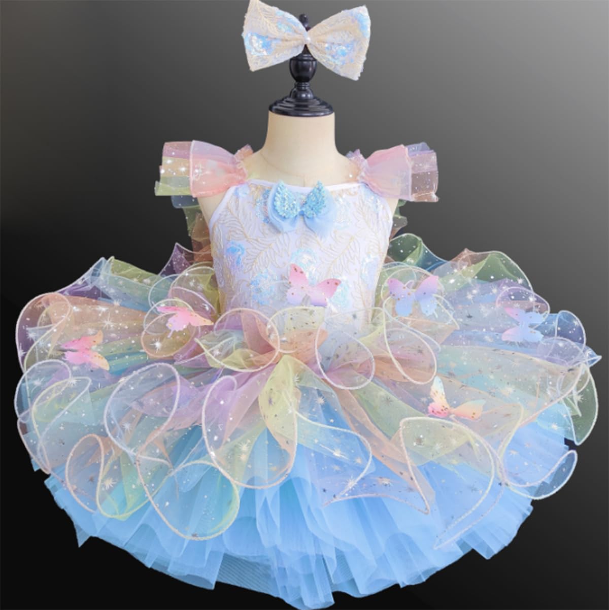 Ballerina-Kostüm für Mädchen, Tüll-Tutu, Ballett-Wettbewerbskleid | Tutu Kinderkostüm Kleiner Schwan mit Rüschenärmeln Spitze Stickerei und Pailletten