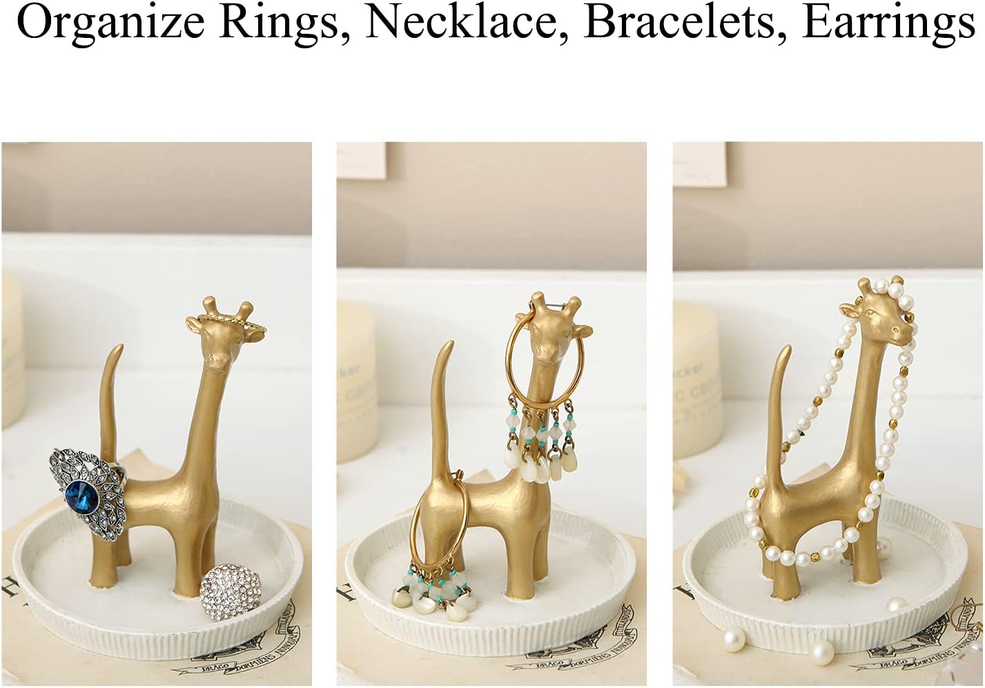 NIKKY HOME Giraffe Ring Holder Metal Earring Organizer Ring Dish Hanging Jewelry Stand Necklace Earring Display with Decorative White Dish Gold and White