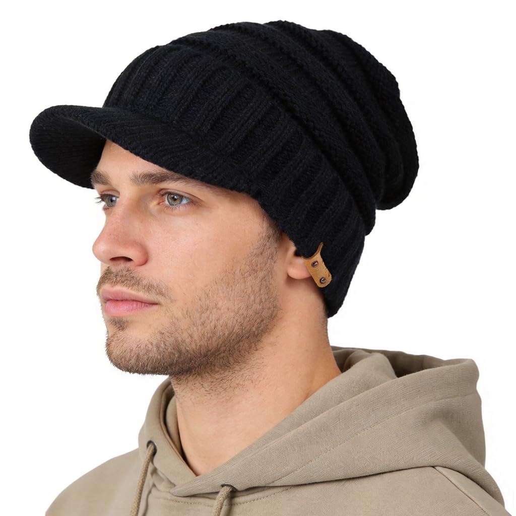 Ruphedy Men Winter Beanie with Brim Outdoor Warm Thick Fleece