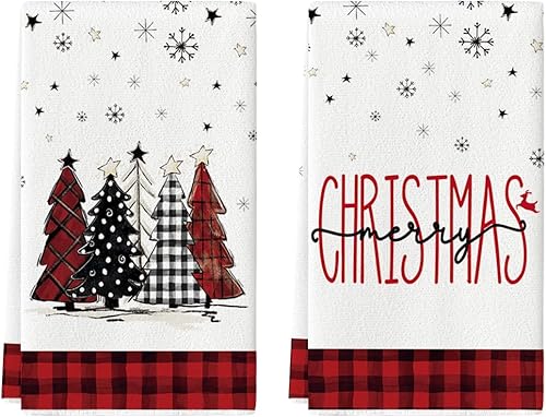 Artoid Mode Juego de 2 toallas de cocina de Navidad con texto en inglés Merry Christmas de color negro y rojo, 18 x 26 pulgadas, diseño de árboles