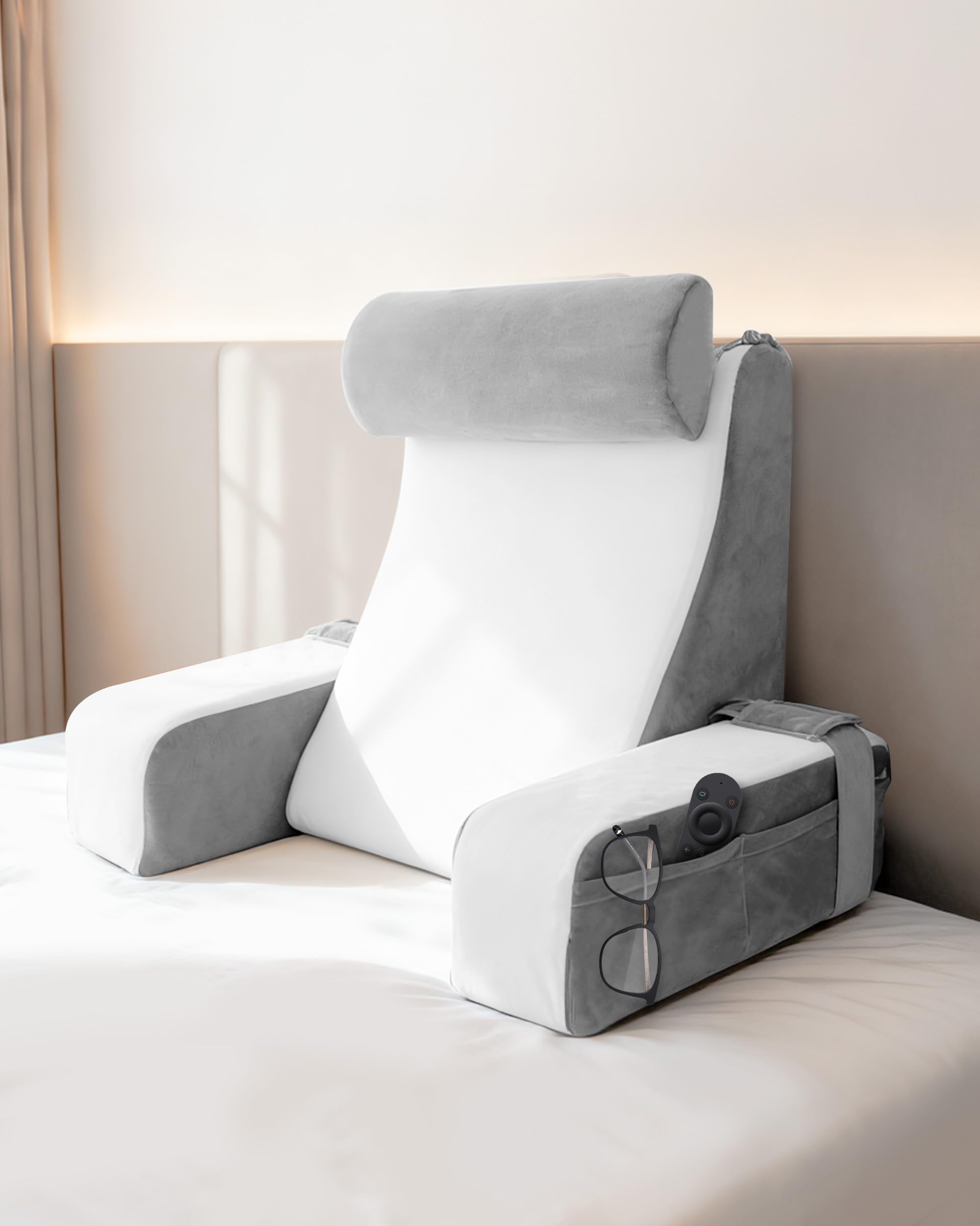 Lesekissen für Bett und Sofa, Bücherkissen mit Abnehmbarer Nackenrolle & Armlehne, Rückenkissen Bett, Wandkissen Multifunktions-Keilkissen zum Lesen, Arbeiten, Fernsehen