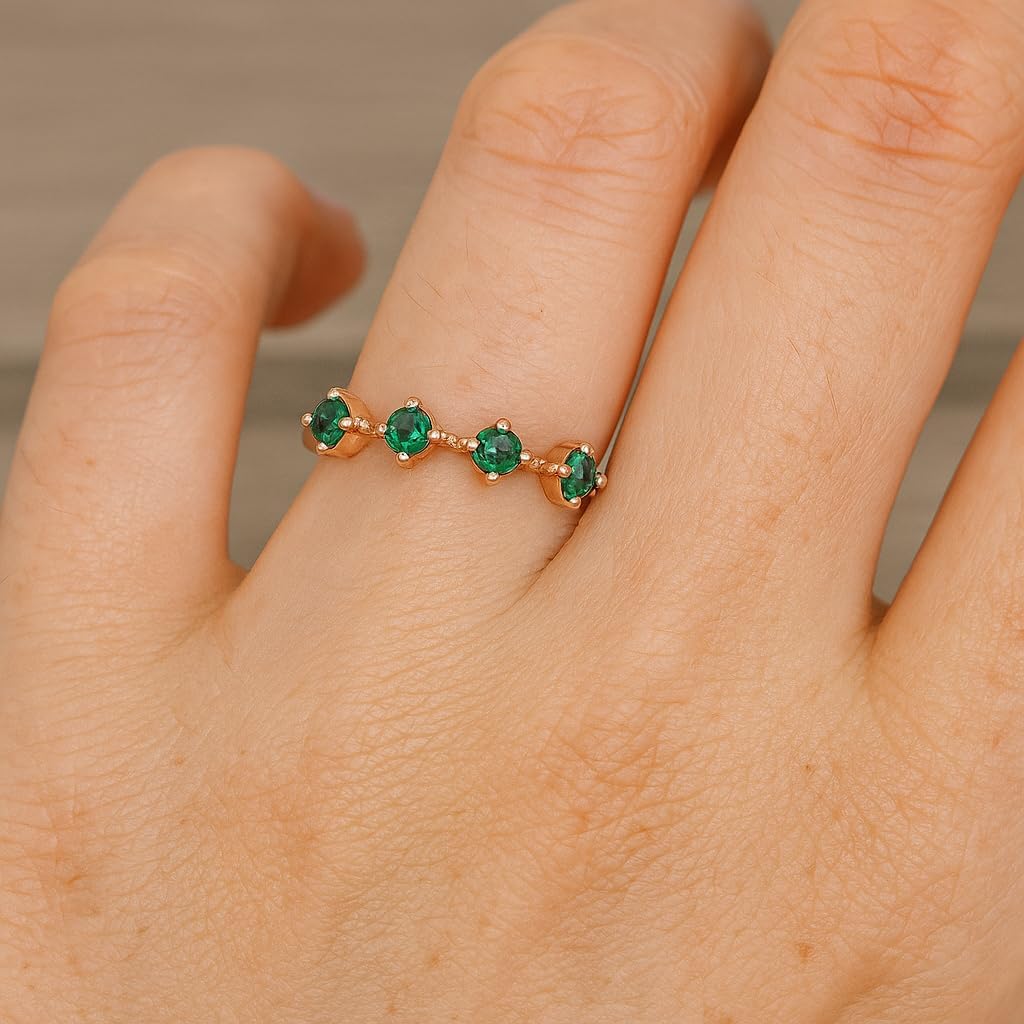 Dainty Emerald Stacking Ring for Women 14k Rose Gold Green Stone Band Minimalist Anniversary Wedding Jewelry Gift for Girlfriend