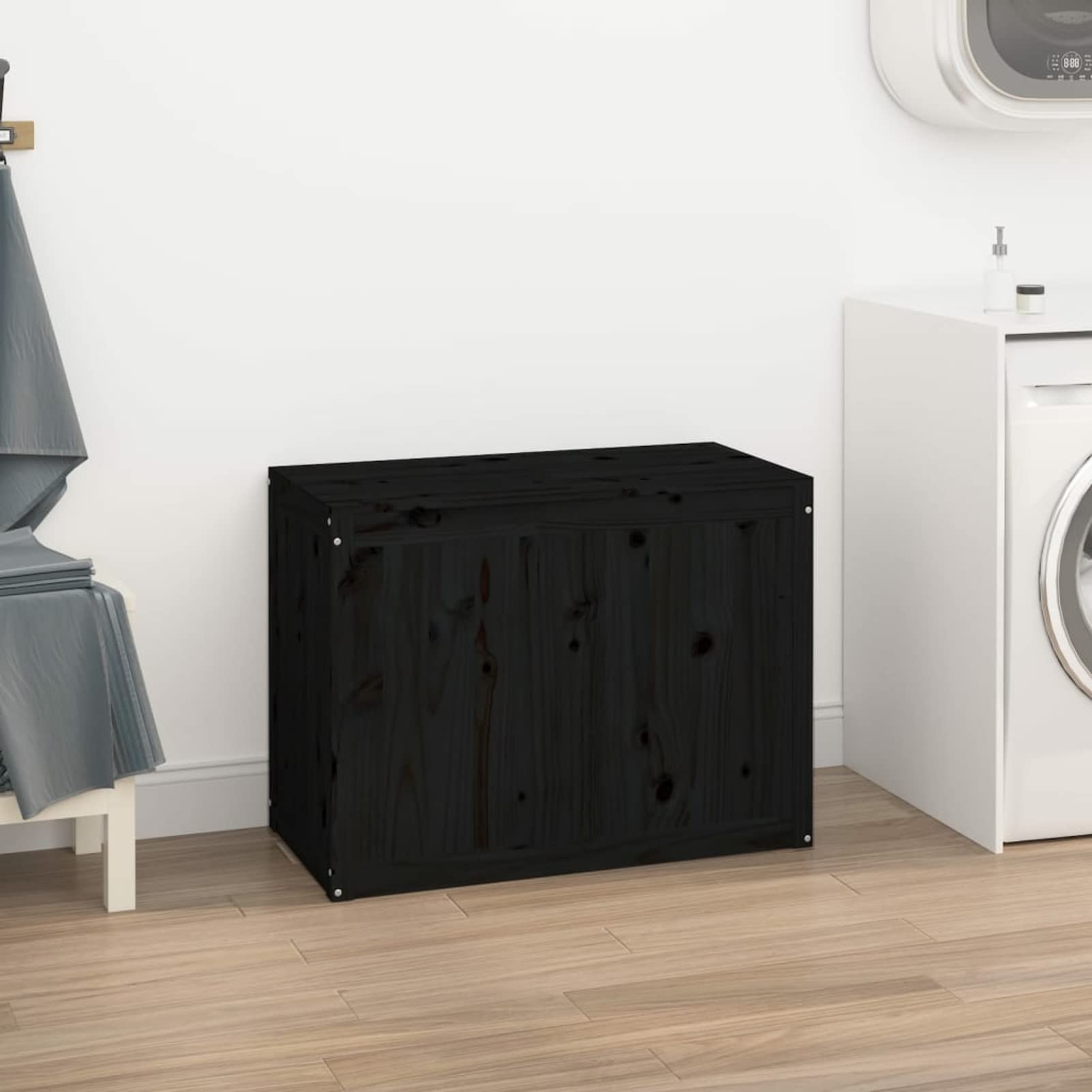 Homgoday Caja para la colada negra 88,5 x 44 x 66 cm madera maciza de pino, muebles, baúles y baúles, contenedor de jardín, porta herramientas de jardín, puf de exterior, baúl de exterior