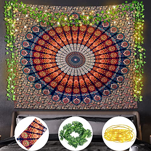 Lot de 6 tapisseries mandala bohémiennes hippie/lierre artificiel/100 LED Guirlande de lierre Cadeau Décoration Murale Nappe pour chambre à coucher, salon, dortoir Cover