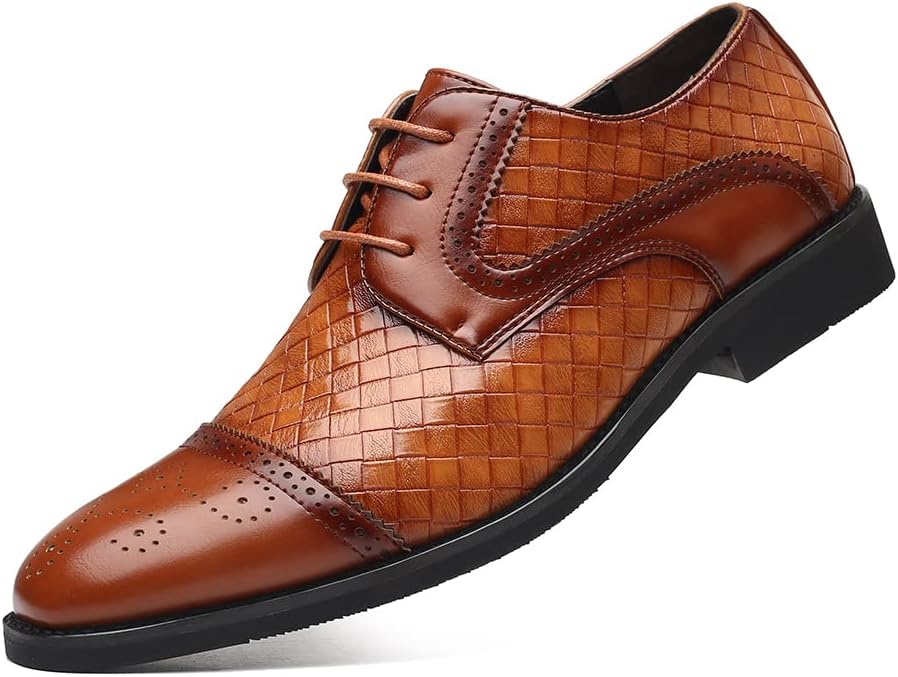 Men’s Business Casual Dress Shoes Italy Prince Classic Wingtip Lace-Up Brogues Modern Formal Woven Leather Oxfords