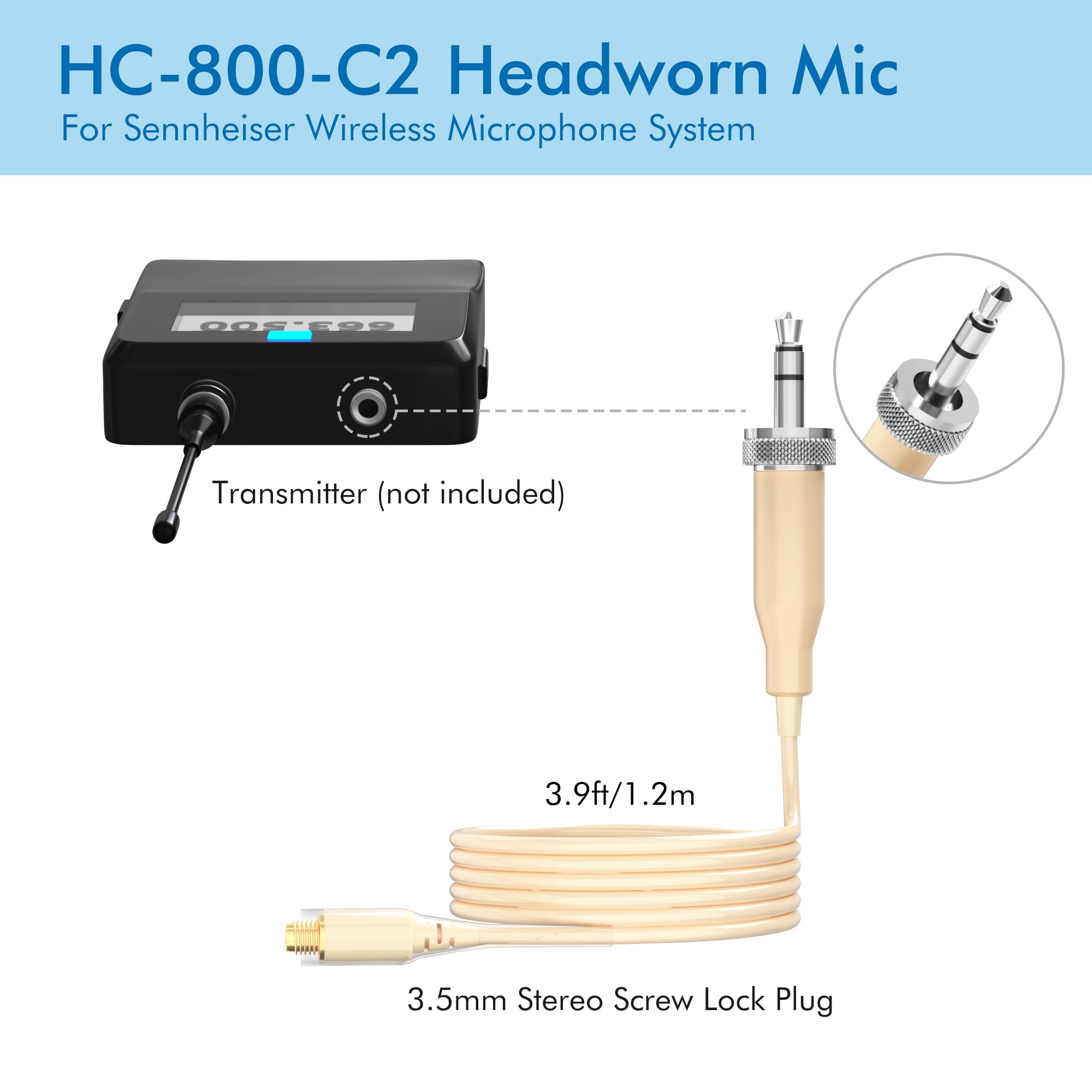 KIMAFUN Headset Mikrofon, verstellbar, Über-Ohr, Kondensatormikrofon, professionell & leicht, kompatibel mit Senn_heiser Bodypack-Sender für Auftritte Unterricht Vorträge Kirche, HC-800-C2