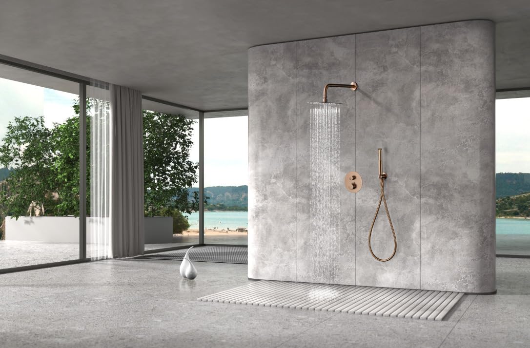 MICE - Conjunto de ducha termostático empotrado con rociador a pared - Ducha empotrada con control de temperatura - Grifos de baño Serie Napoles (Oro Rosa Cepillado)