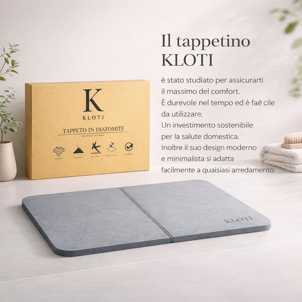 KLOTI Tappeto bagno in diatomite, tappeto bagno antiscivolo, tappetino doccia assorbente, tappeto antiscivolo vasca, asciugatura rapida, anti muffa, 60x39 cm, grigio