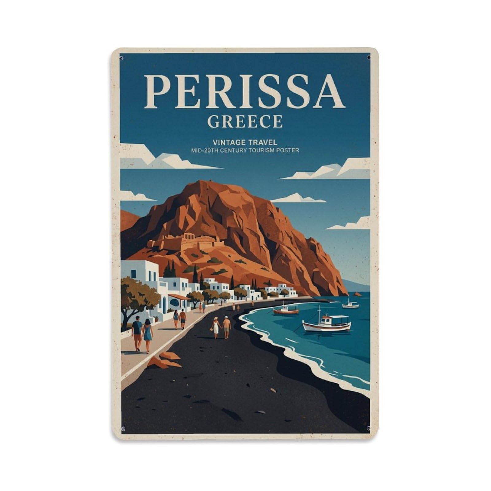 Fyrn Style Metal Tin Sign Vintage Travel Perissa Greece Promenade