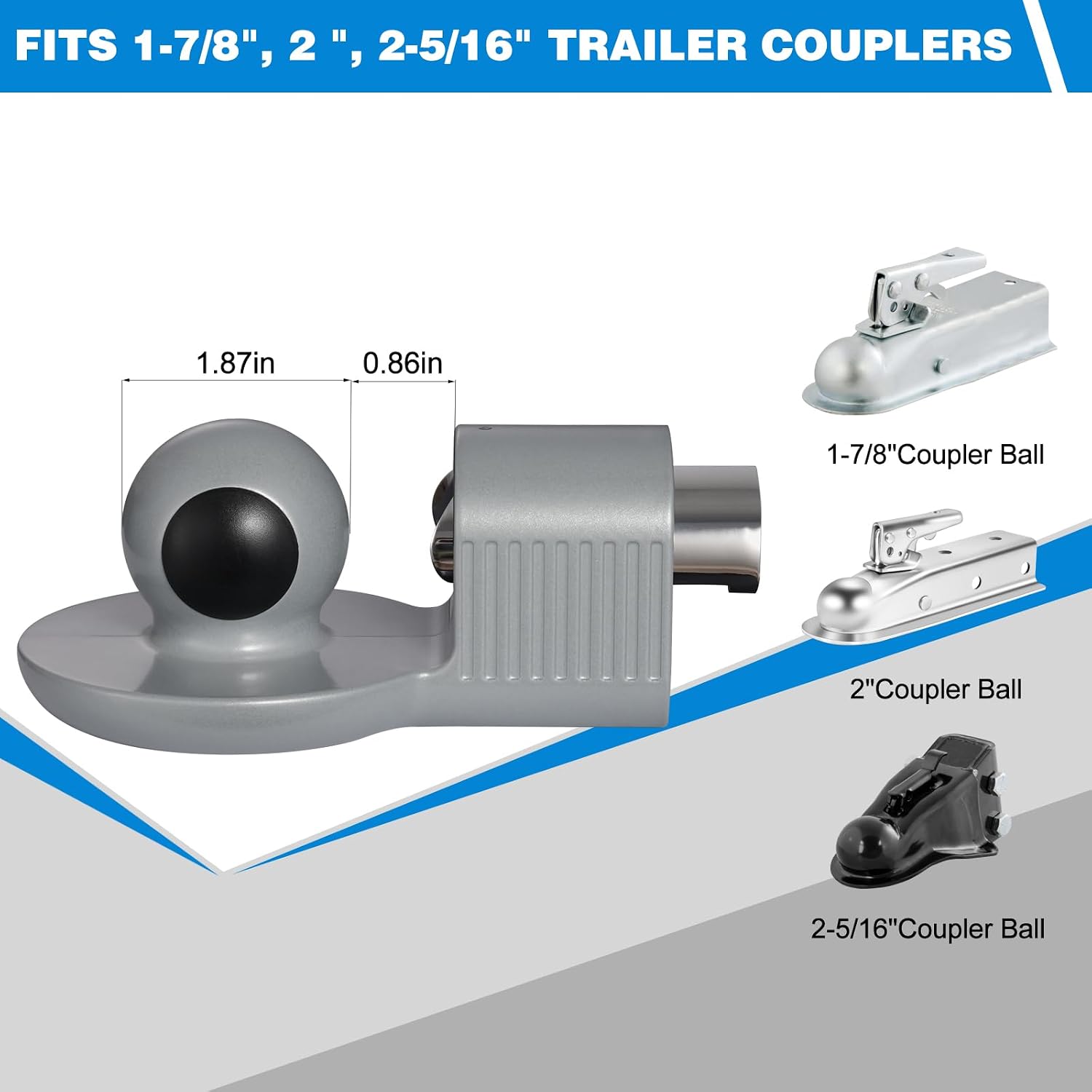 TOPSHINE Trailer Hitch Lock Anti-Theft, Fits 1-7/8", 2", and 2-5/16" Trailer Couplers (Silver)